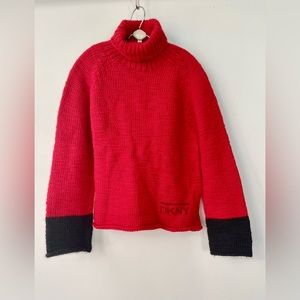 Vintage 90s DKNY sport red black size M medium turtleneck sweater logo winter